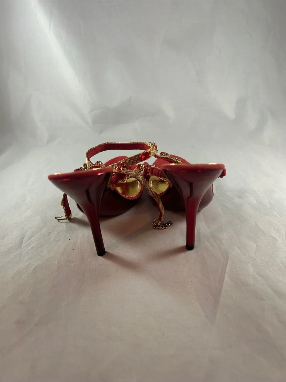 Red Jeweled T-Strap Slingback Heels - Picture 14 of 15